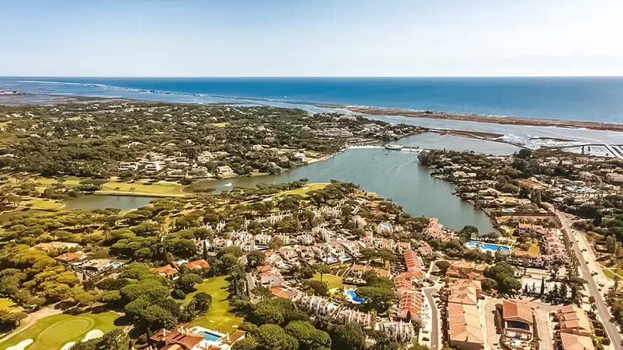 Quinta do Lago, Loulé, Algarve: aerial view of Ria Formosa and the ocean