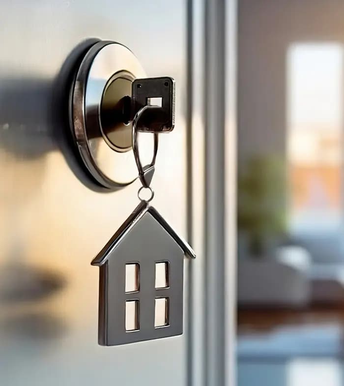 a house shaped keyholder hanging on the doorlock of a half open house door